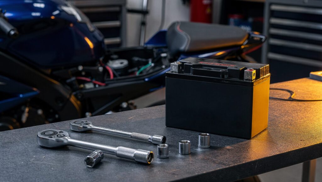 Batterie moto sur établi atelier