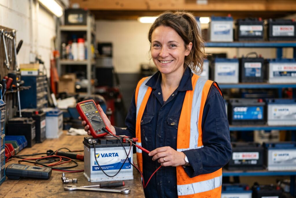 Technicienne KRINNERSTORE testant une batterie au multimètre en atelier