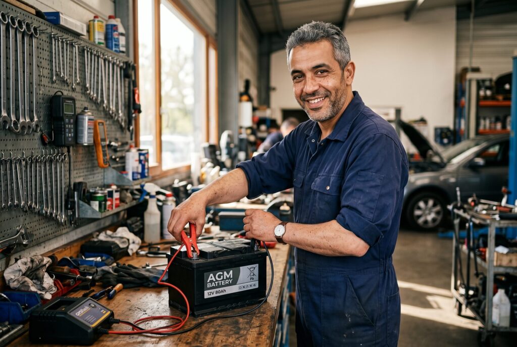 Karim, conseiller technique KRINNERSTORE, prépare une batterie AGM en atelier